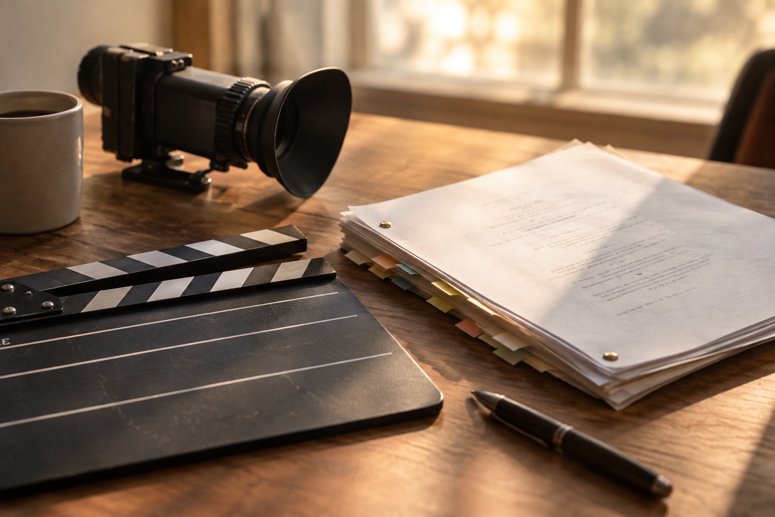 Still life on a warm wood desk in window light: a clapperboard, a dog-eared script with colored tabs, a director's viewfinder, a pen and a coffee mug