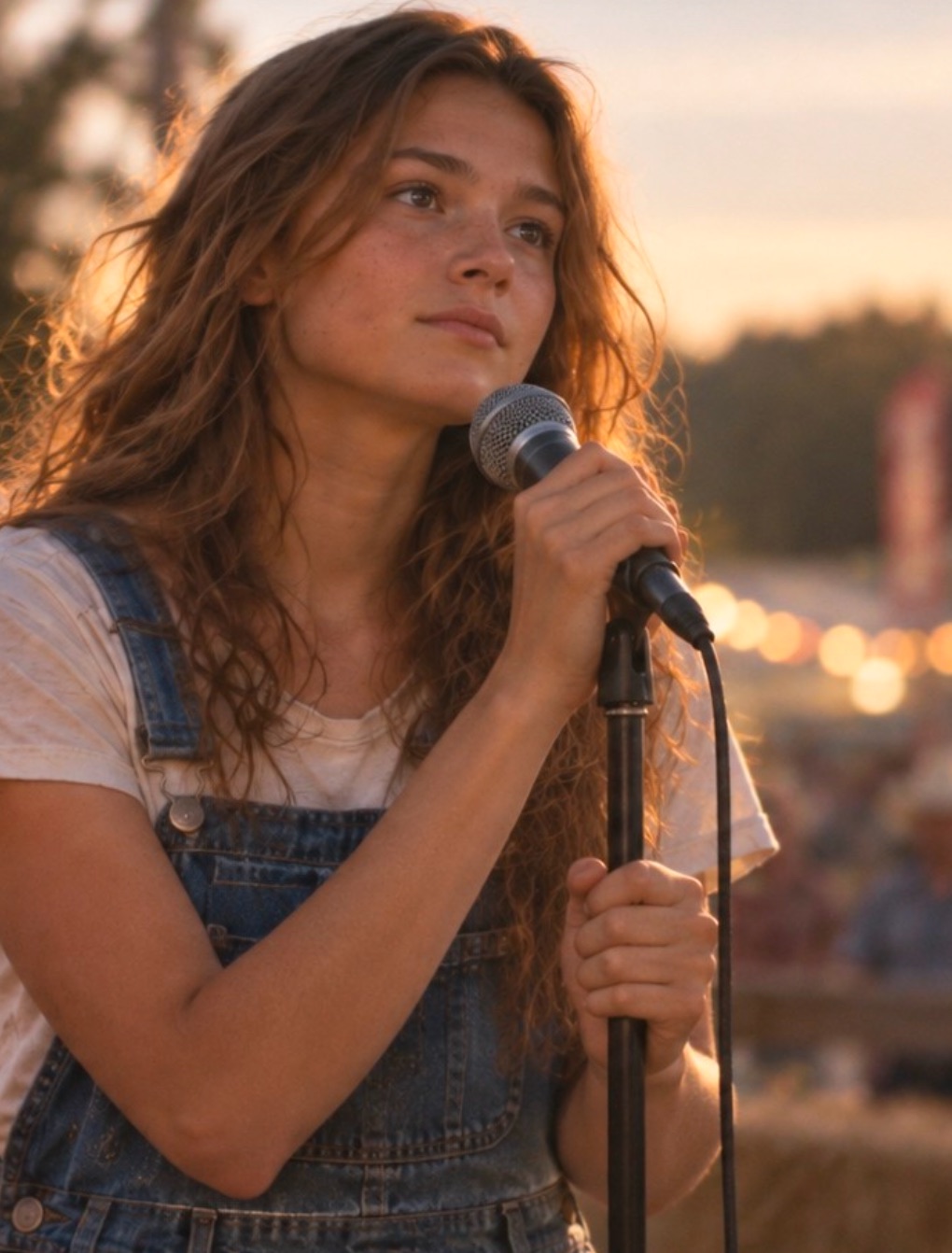Emily singing at a county fair at golden hour &mdash; character concept