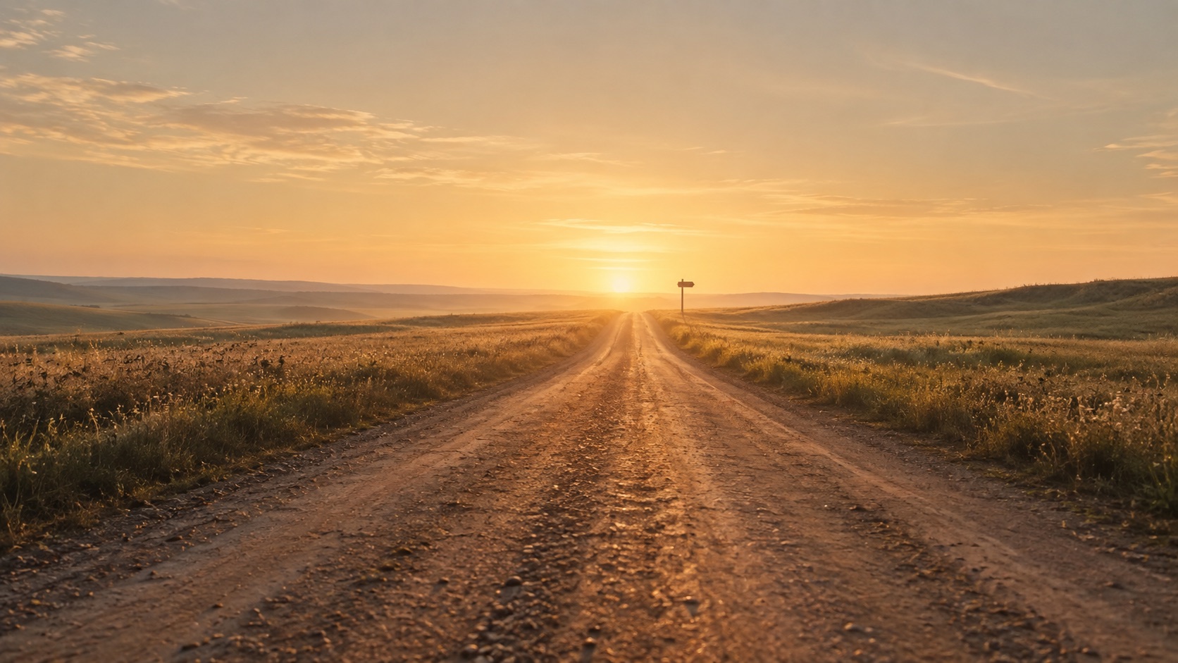 A dirt road running straight toward a golden sunset horizon, with a small signpost silhouetted in the distance